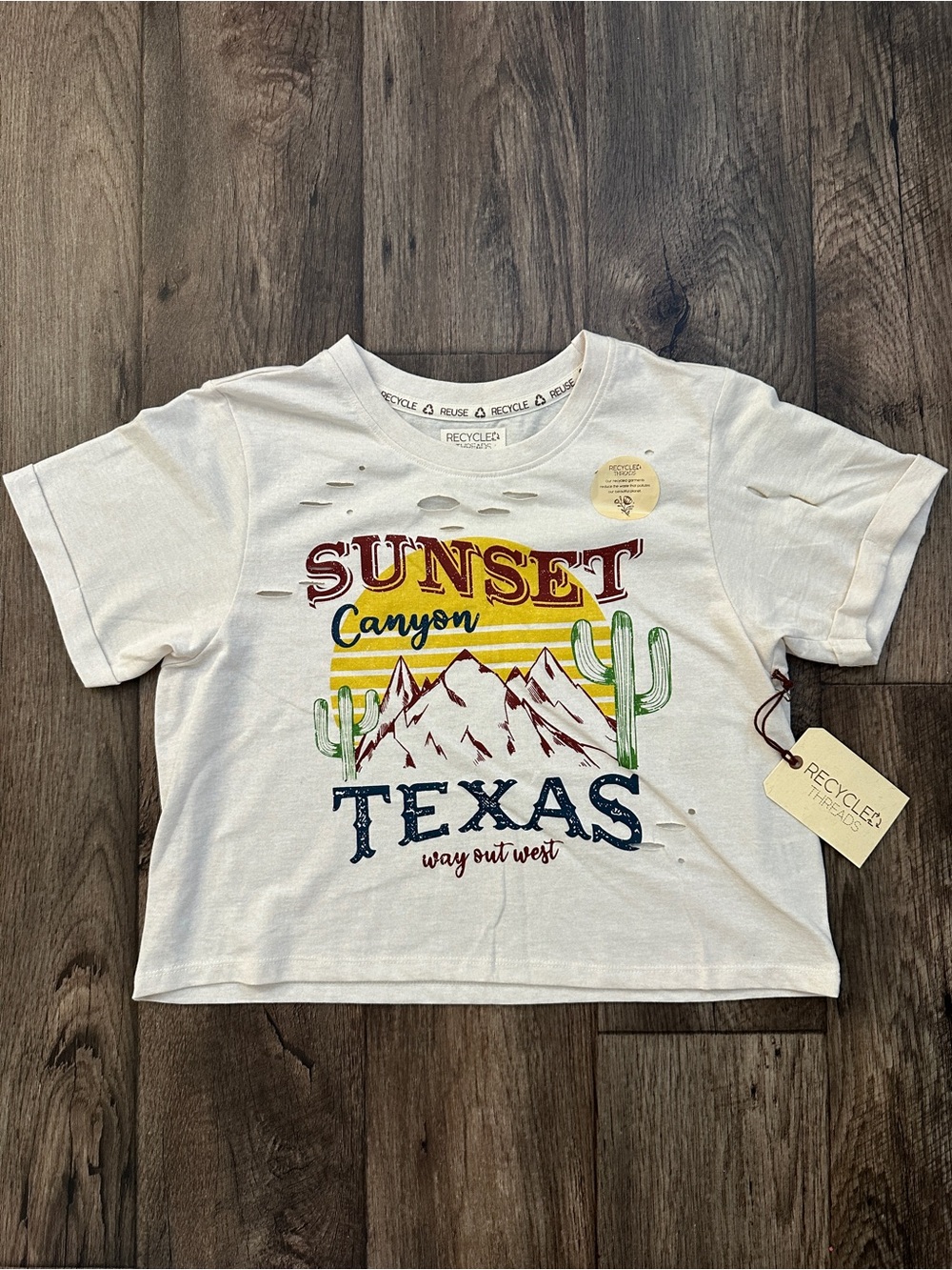 Recycled Threads Sunset Texas Graphic Tee Cropped Festive Women’s S Off White
